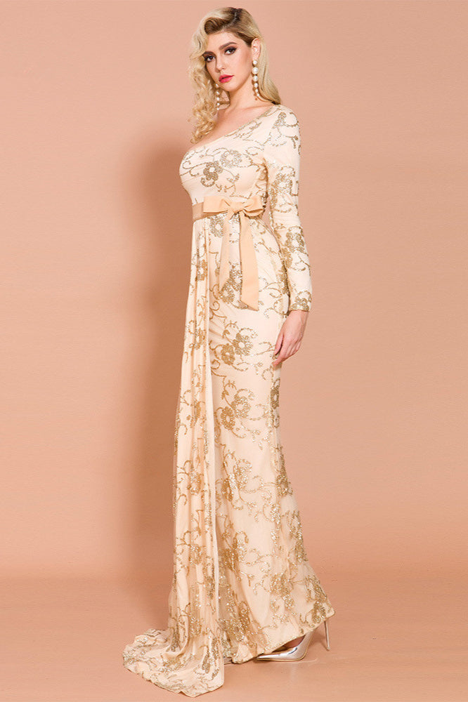 Glamorous Gold One Shoulder Long Sleeves Sequins Prom Dress Mermaid Long Evening Gowns-BallBride