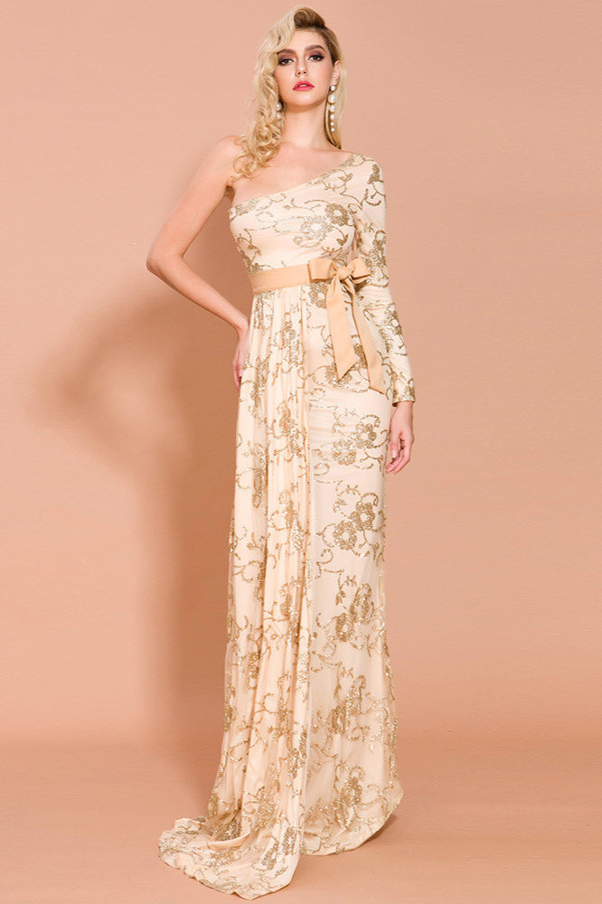 Glamorous Gold One Shoulder Long Sleeves Sequins Prom Dress Mermaid Long Evening Gowns-BallBride