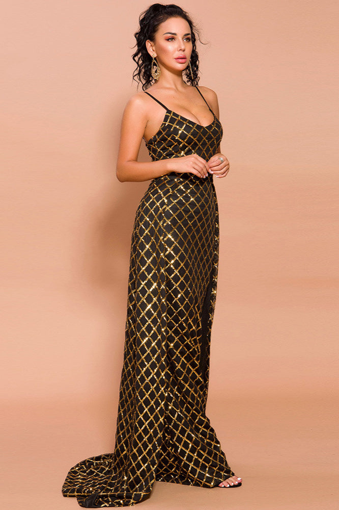 Glamorous Gold Prom Dress with Spaghetti-Straps and Overskirt-BallBride