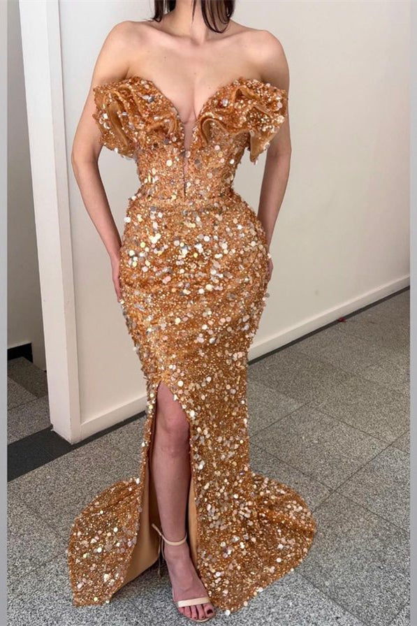 Glamorous Gold Sequins Mermaid Evening Dress Sleeveless-BallBride