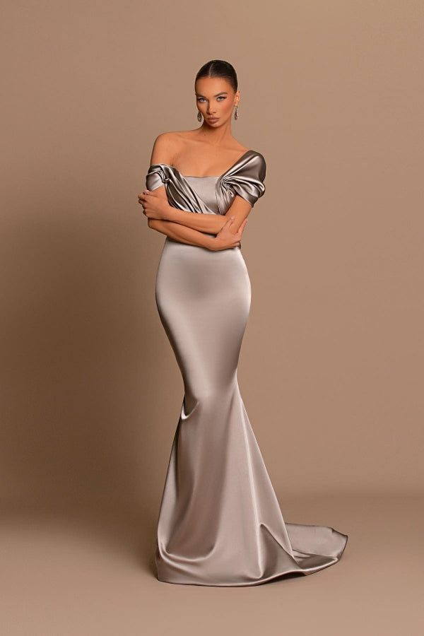 Glamorous Gray Off-The-Shoulder Mermaid Prom Dress with Split-BallBride