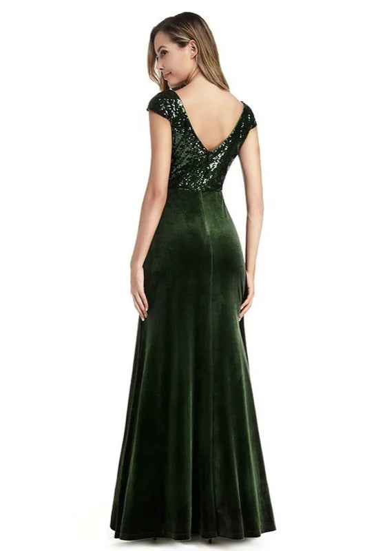 Glamorous Green Cap Sleeve Sequins Evening Gowns Mermaid V-Neck Prom Dresses-BallBride