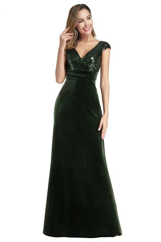 Glamorous Green Cap Sleeve Sequins Evening Gowns Mermaid V-Neck Prom Dresses-BallBride