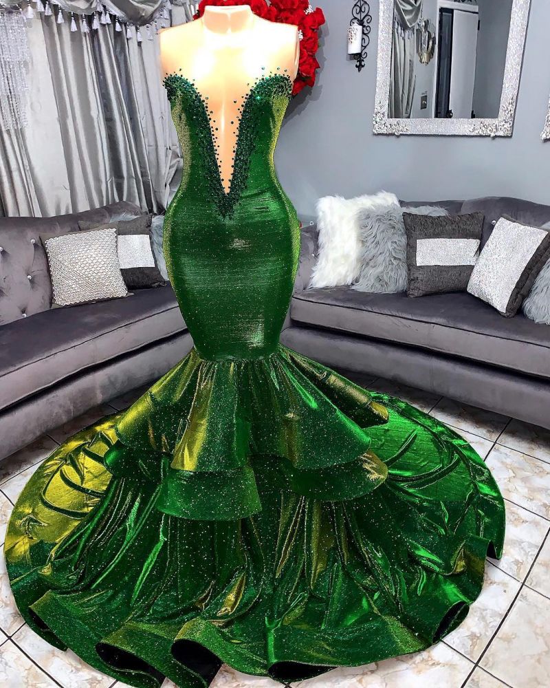 Glamorous Green Sequins Sheer Tulle Sleeveless Prom Dress with Beadings-BallBride