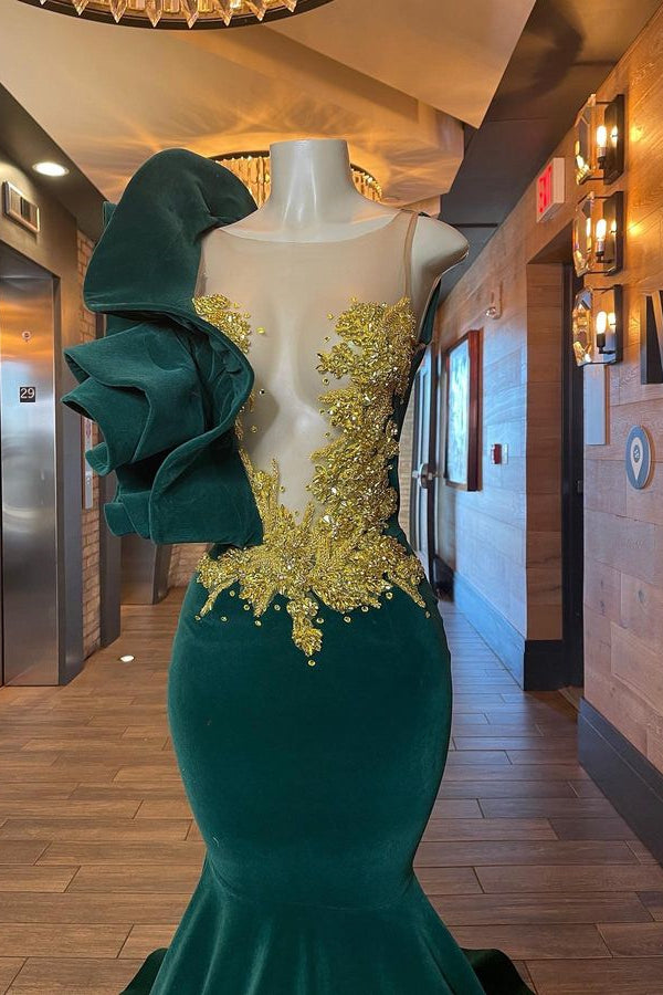 Glamorous Green Sheer Tulle Scoop Mermaid Appliques Sleeveless Prom Dress-BallBride