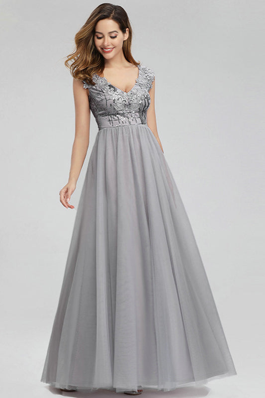 Glamorous Grey Appliques Sequins Long Tulle Prom Dress-BallBride