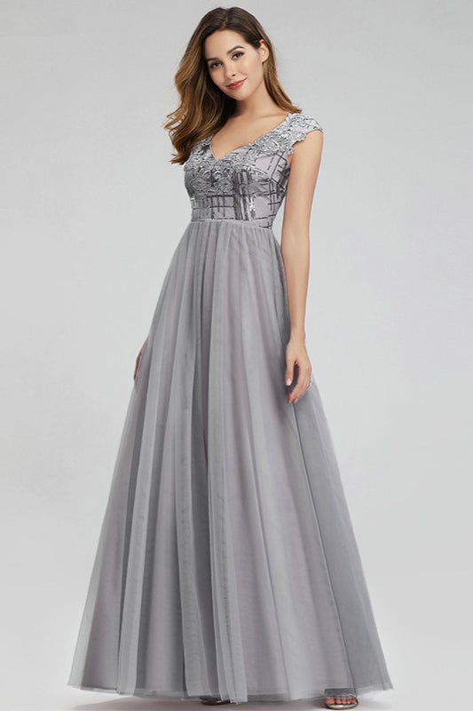 Glamorous Grey Appliques Sequins Long Tulle Prom Dress-BallBride