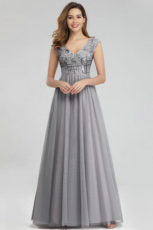 Glamorous Grey Appliques Sequins Long Tulle Prom Dress-BallBride