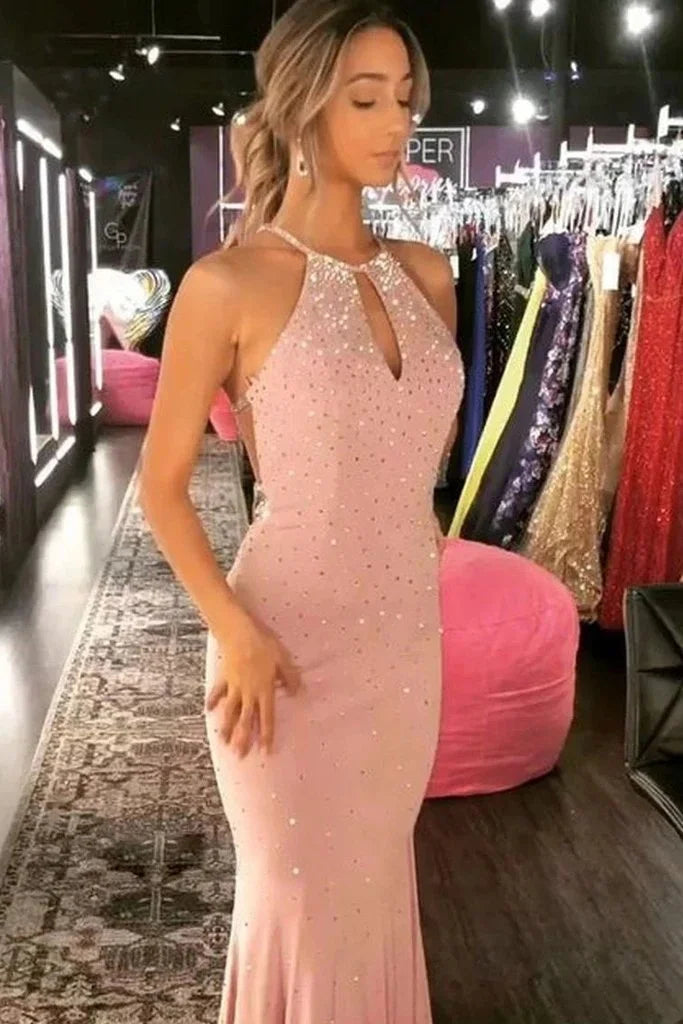 Glamorous Halter Long Mermaid Evening Dress With Crystal Beads-BallBride
