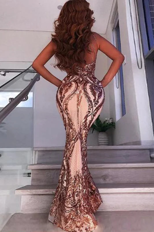 Glamorous Halter Mermaid Evening Gowns Sequins Long Prom Dress Online-BallBride