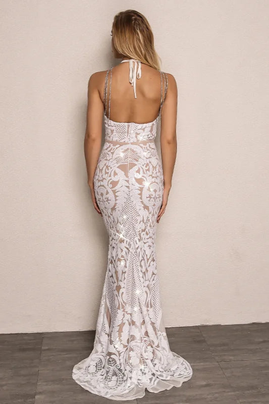 Glamorous Halter Mermaid Evening Gowns Sequins Long Prom Dress Online-BallBride