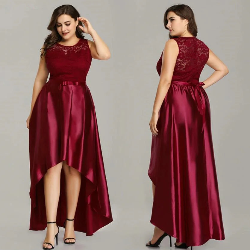 Glamorous Hi-Lo Burgundy Prom Dresses Lace Plus Size Evening Gown-BallBride