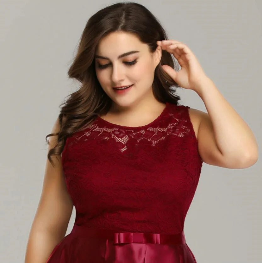 Glamorous Hi-Lo Burgundy Prom Dresses Lace Plus Size Evening Gown-BallBride