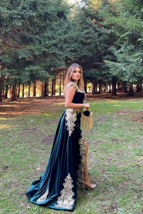 Glamorous High Neck Applique Mermaid Prom Dress with Detachable Skirt-BallBride