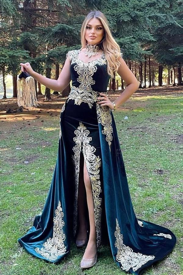 Glamorous High Neck Applique Mermaid Prom Dress with Detachable Skirt-BallBride