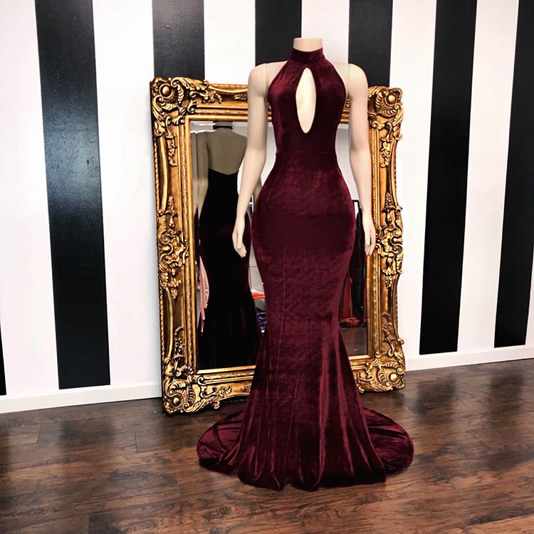 Glamorous High Neck Burgundy Prom Dress with Keyhole Detail in Velvet-BallBride