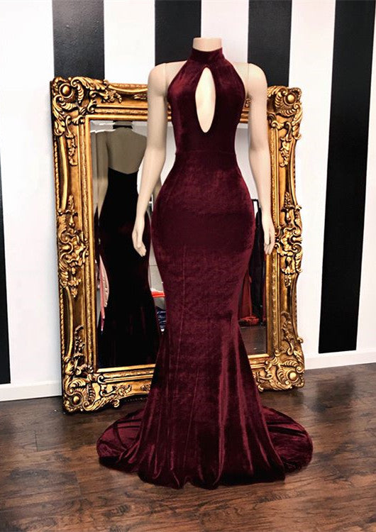 Glamorous High Neck Burgundy Prom Dress with Keyhole Detail in Velvet-BallBride