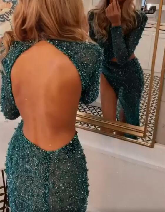 Glamorous High Neck Dark Green Prom Dress with Sequins and Split Sleeves-BallBride