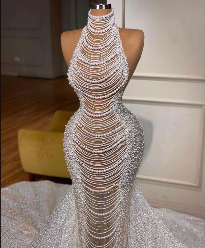 Glamorous High Neck Mermaid Evening Dress With Pearls and Sequins-BallBride
