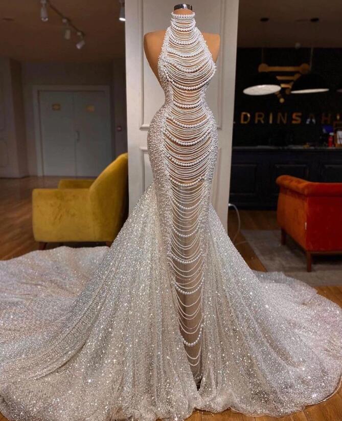 Glamorous High Neck Mermaid Evening Dress With Pearls and Sequins-BallBride