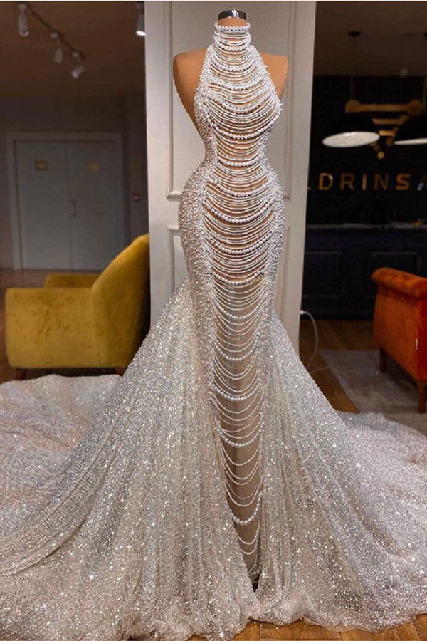 Glamorous High Neck Mermaid Evening Dress With Pearls and Sequins-BallBride