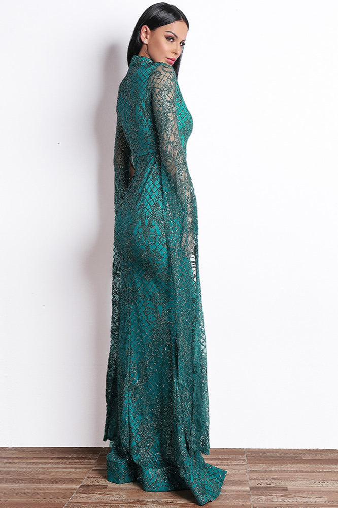 Glamorous High-Neck Prom Dress with Long Sleeve Sequins and Ruffles-BallBride