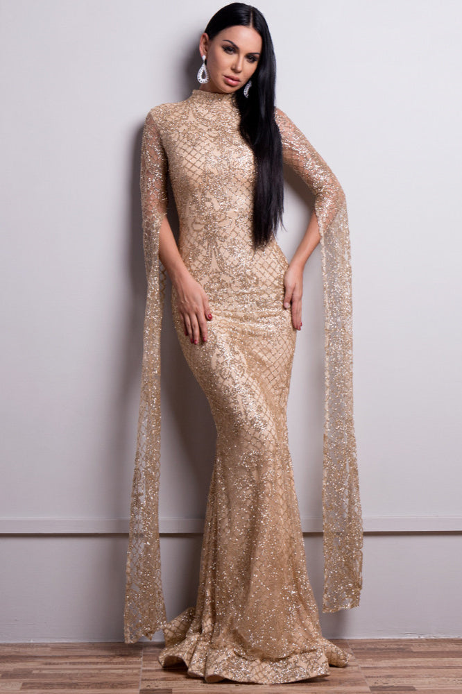 Glamorous High-Neck Prom Dress with Long Sleeve Sequins and Ruffles-BallBride