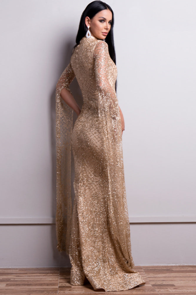 Glamorous High-Neck Prom Dress with Long Sleeve Sequins and Ruffles-BallBride