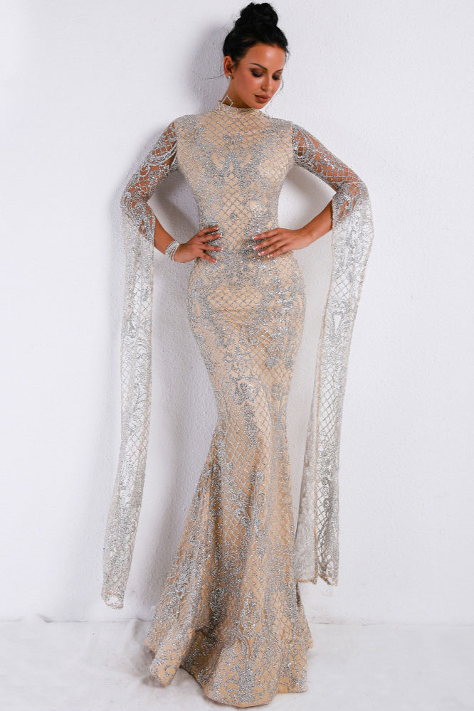 Glamorous High-Neck Prom Dress with Long Sleeve Sequins and Ruffles-BallBride