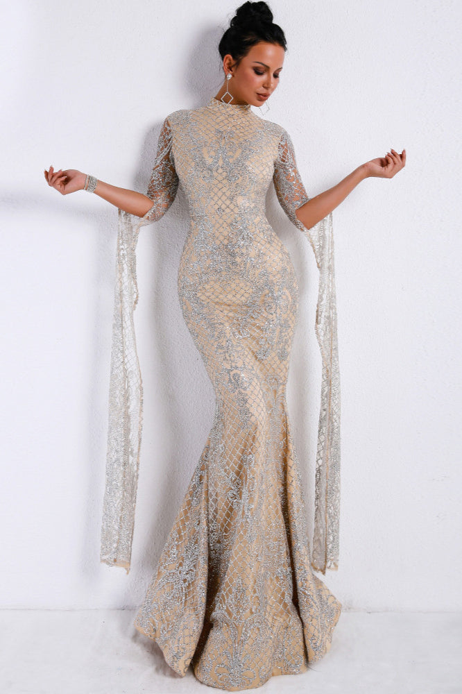 Glamorous High-Neck Prom Dress with Long Sleeve Sequins and Ruffles-BallBride