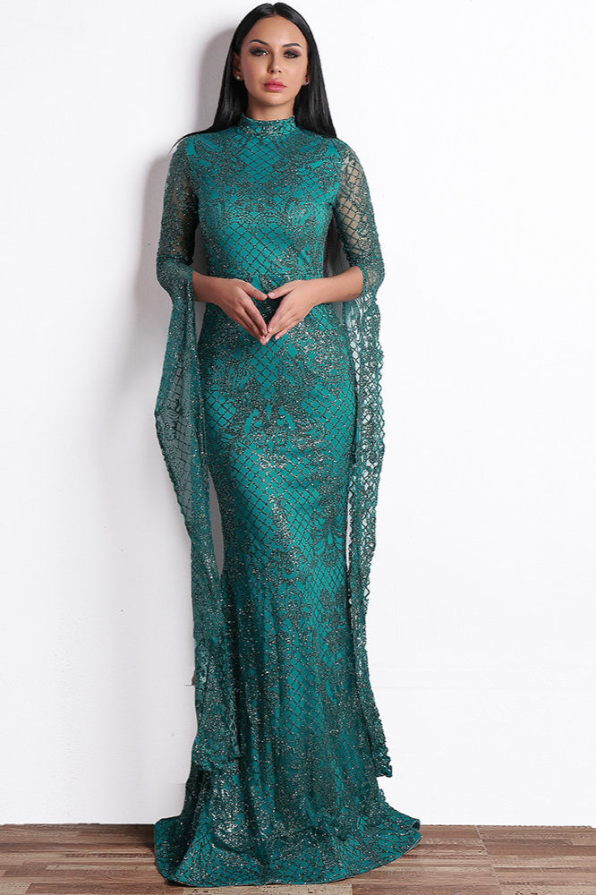 Glamorous High-Neck Prom Dress with Long Sleeve Sequins and Ruffles-BallBride