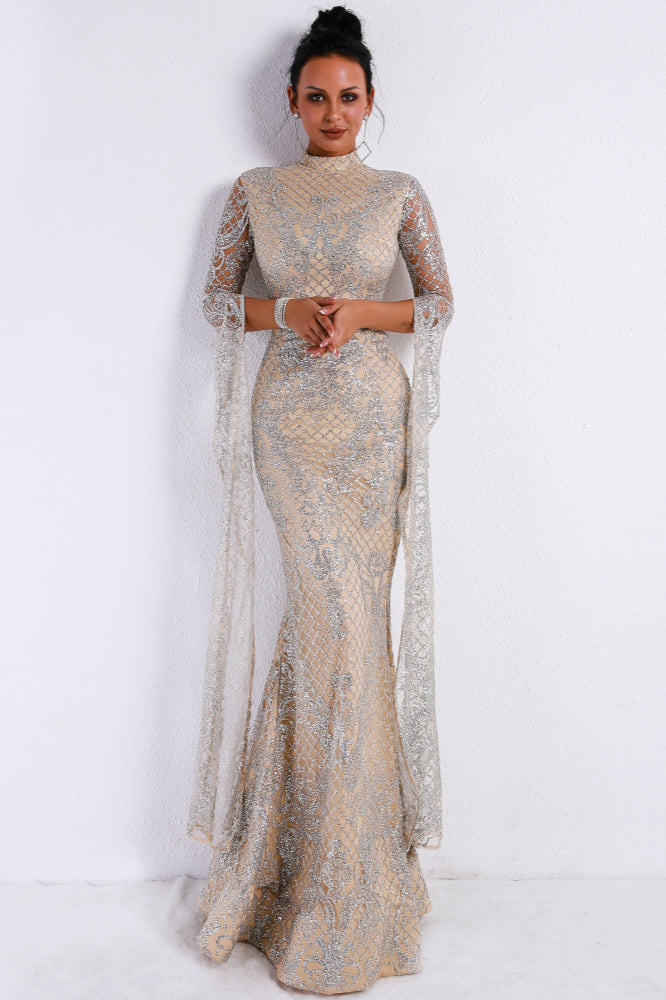 Glamorous High-Neck Prom Dress with Long Sleeve Sequins and Ruffles-BallBride