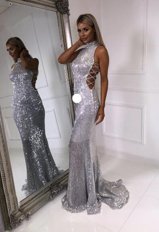 Glamorous High-Neck Sleeveless Sequined Mermaid Long Prom Dress-BallBride