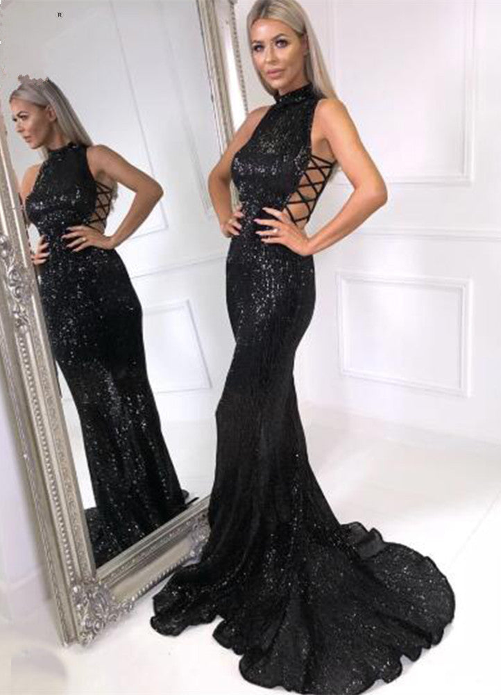 Glamorous High-Neck Sleeveless Sequined Mermaid Long Prom Dress-BallBride
