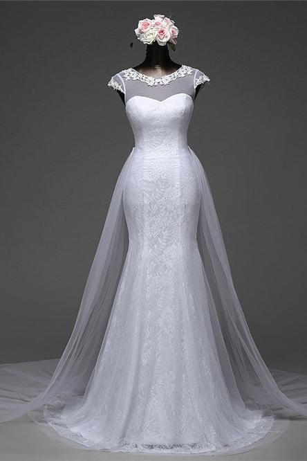 Glamorous Jewel Lace Long Mermaid Wedding Dress with Tulle Overskirt-BallBride
