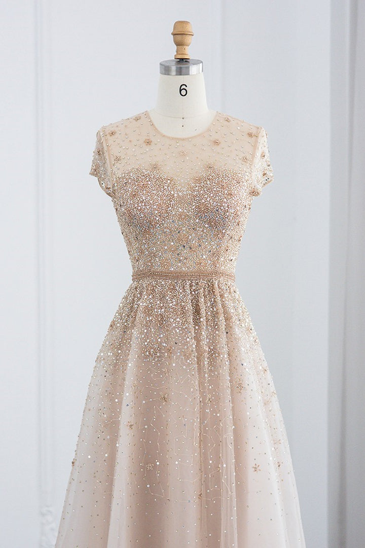 Glamorous Jewel Neck A Line Evening Dress with Tulle Appliques and Sequins-BallBride