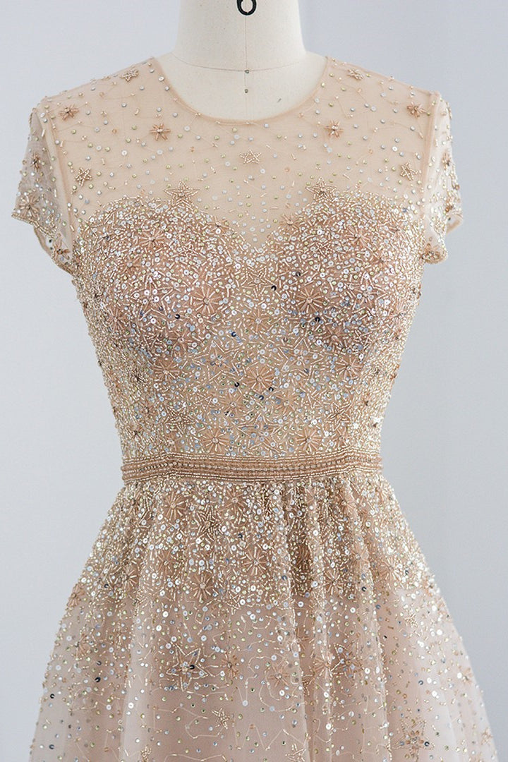 Glamorous Jewel Neck A Line Evening Dress with Tulle Appliques and Sequins-BallBride