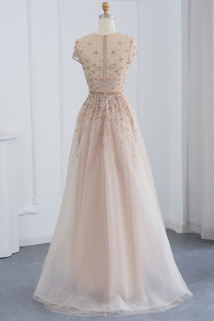 Glamorous Jewel Neck A Line Evening Dress with Tulle Appliques and Sequins-BallBride