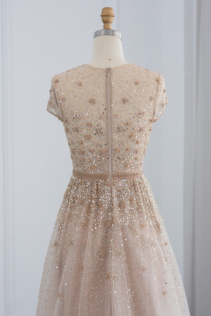 Glamorous Jewel Neck A Line Evening Dress with Tulle Appliques and Sequins-BallBride