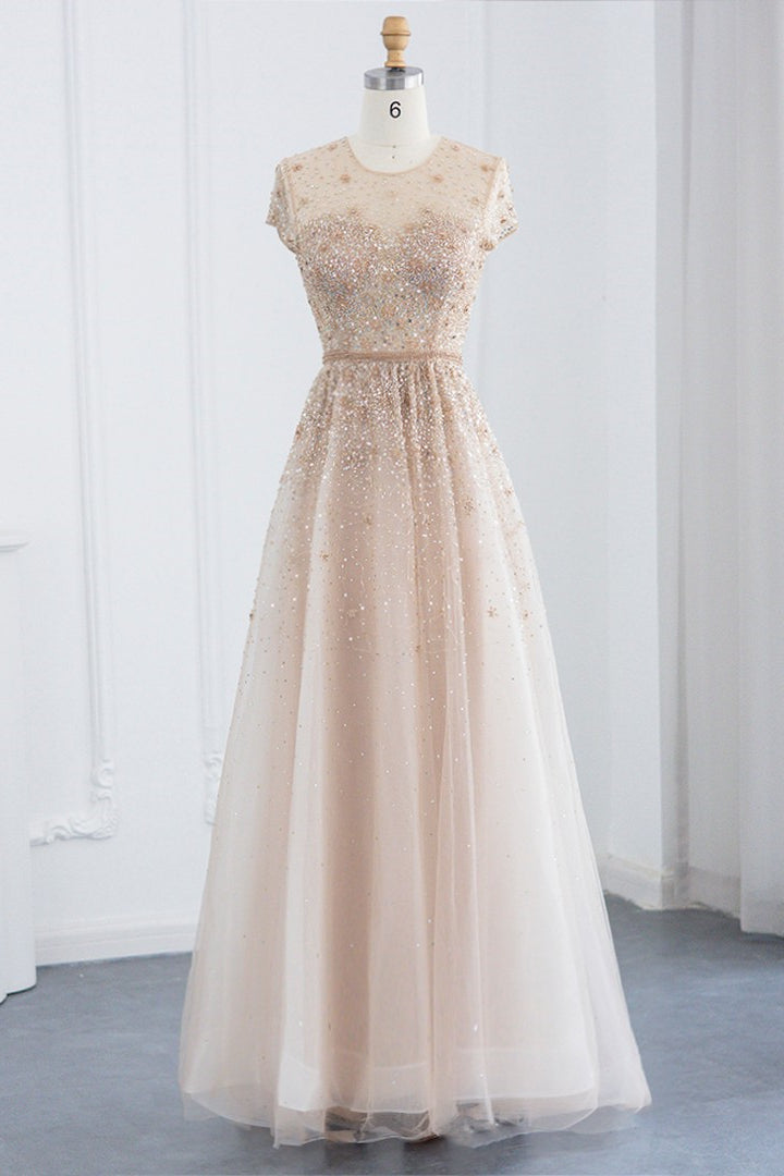 Glamorous Jewel Neck A Line Evening Dress with Tulle Appliques and Sequins-BallBride