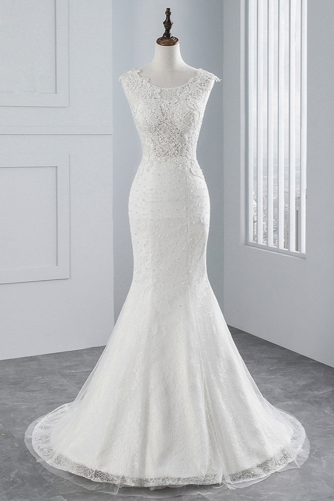 Glamorous Jewel Tulle Long Mermaid Wedding Dress With Appliques Lace-BallBride