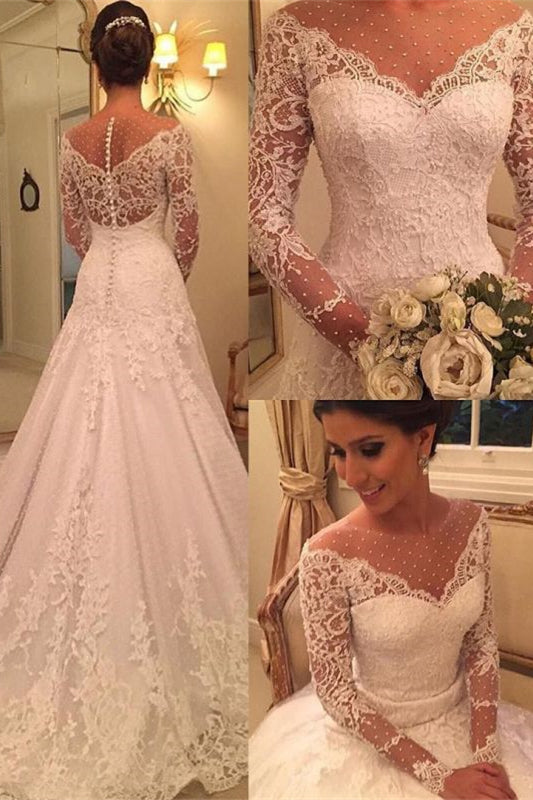 Glamorous Lace Appliques With Pearls Wedding Dress for Princesses-BallBride