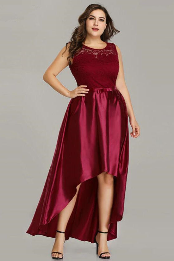 Glamorous Lace Hi-Lo Burgundy Prom Dresses Plus Size Evening Gown-BallBride
