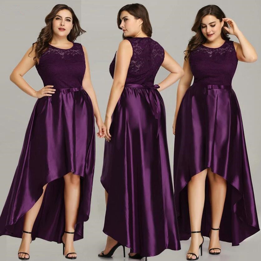 Glamorous Lace Hi-Lo Burgundy Prom Dresses Plus Size Evening Gown-BallBride