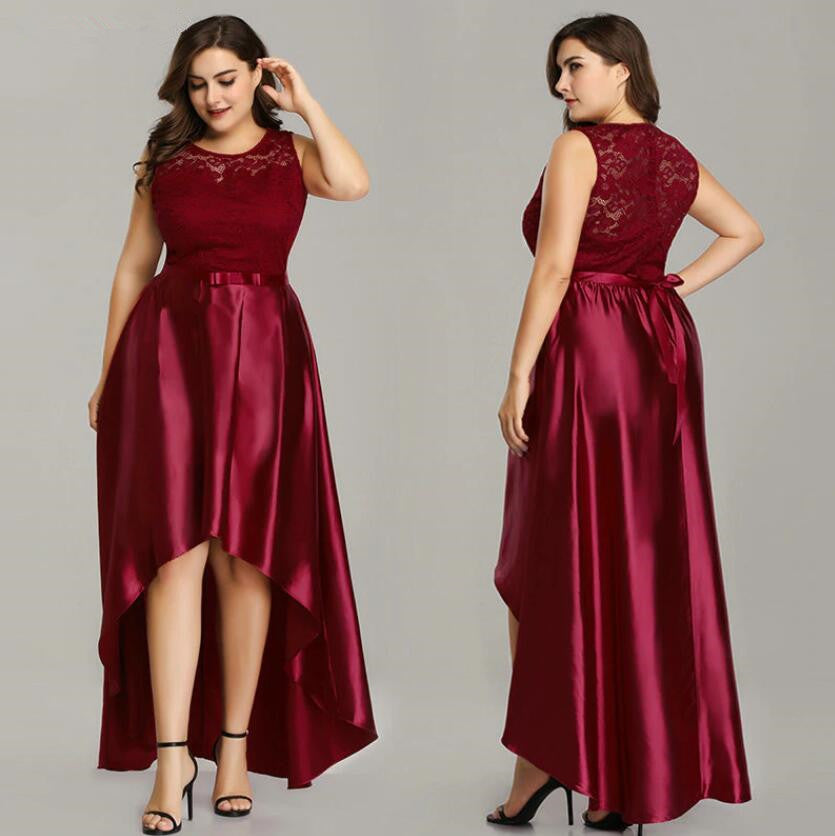 Glamorous Lace Hi-Lo Burgundy Prom Dresses Plus Size Evening Gown-BallBride