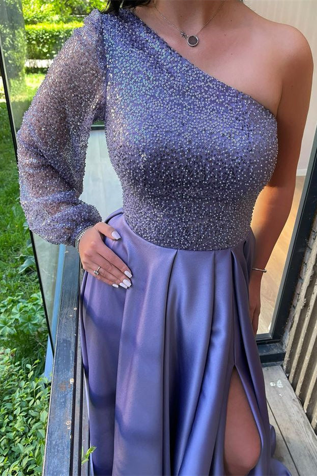 Glamorous Lavender Evening Dress with One Shoulder, Long Sleeves and Sequins Slit-BallBride