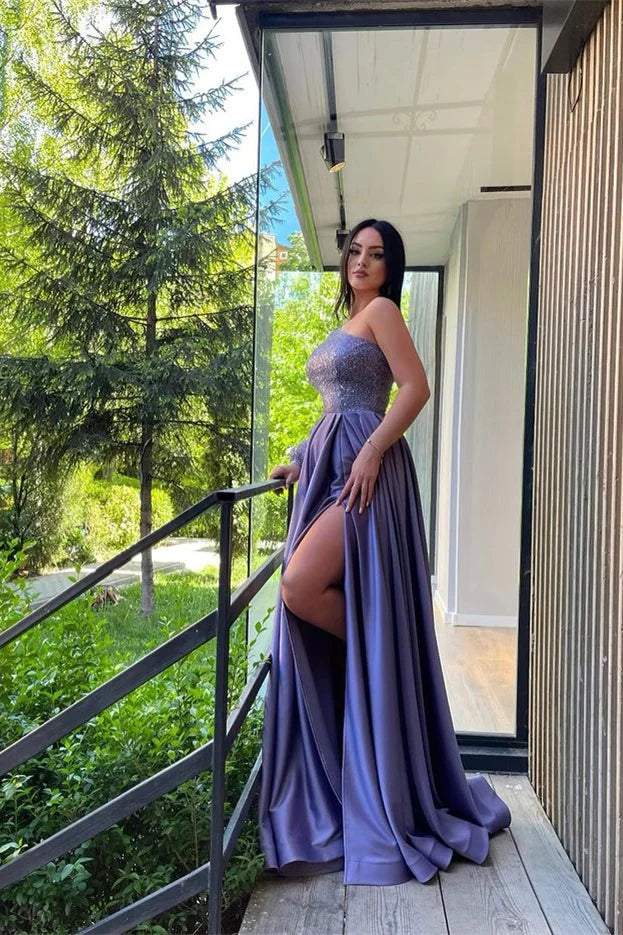 Glamorous Lavender One Shoulder Long Sleeves Evening Dress Slit Sequins-BallBride