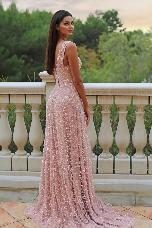 Glamorous Long A-line V-Neck One Shoulder Sleeveless Formal Prom Dresses with Slit-BallBride