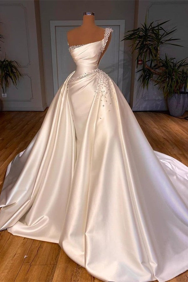 Glamorous Long One Shoulder Pearl Wedding Dress Overskirt Bridal Gowns-BallBride