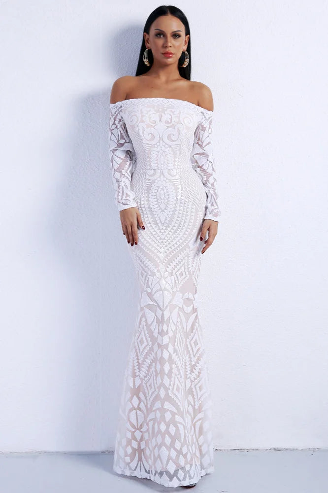 Glamorous Long Sleeve Mermaid Sequins Prom Dress Long Evening Party Gowns-BallBride